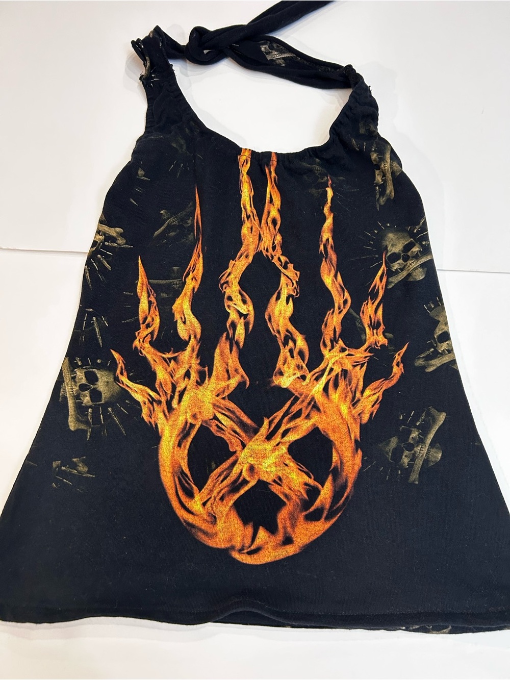Black Halter Top with Orange Flame Graphic